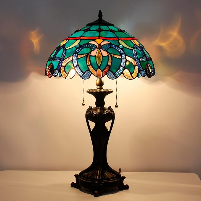 Tiffany Stained Glass Table Lamp 16X16X24 Inch Green Brown Jewelry Baroque Style Desk Bedroom Living Room Antique Reading Light (Green Brown Jewelry)