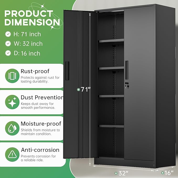INTERGREAT Metal Storage Cabinet, 71" H Lockable File Cabinet with Locking Doors, Storage Locker with Adjustable Shelves for Office, Home, Garage, Gym, School (Black)
