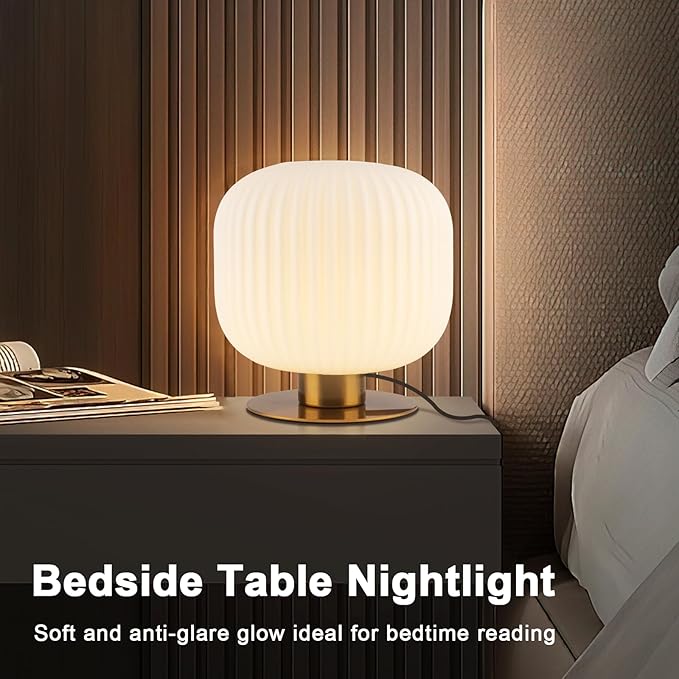 Milk Glass Table Lamp White Globe Table Lamp Mid Century Modern Lamp Gold Desk Lamp Vintage Bedside Lamp Small Nightstand Lamp Side Table Lamps for Bedroom Living Room Study End Table