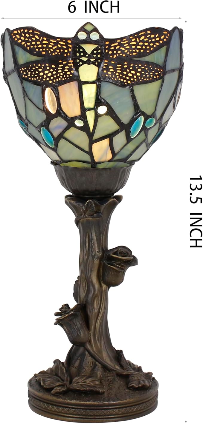 Small Tiffany Lamp Mini Stained Glass Table Lamp Blue Dragonfly Accent Desk Uplight W6 H13.5 Inch Bronze Resin Base