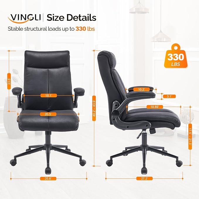 VINGLI Rolling Ergonomic Office Desk Chair with Padded Flip-up Arms, 360° Swivel High Back Executive Computer Task Chair with Wheels for Game,Home Small Space, Study Room, Reading Room,Pu Black