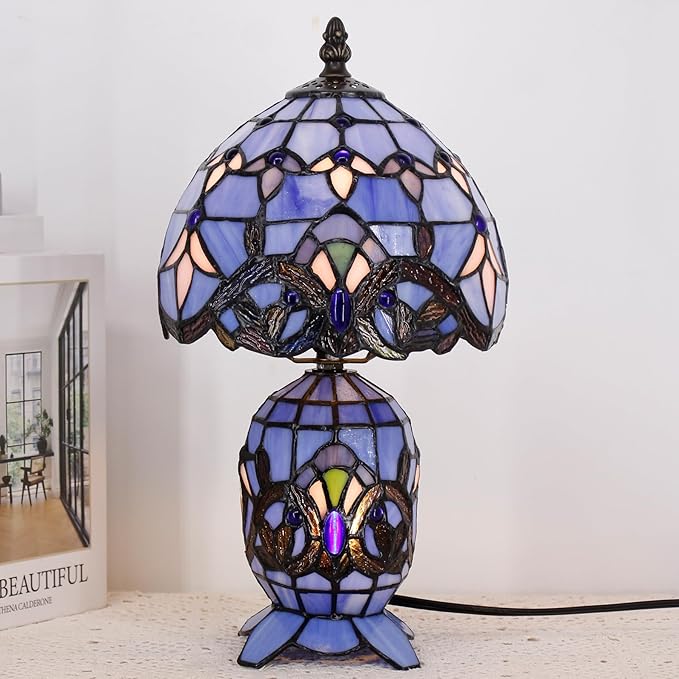 Small Tiffany Lamp Stained Glass Table Lamp Mini Mother Daughter Vase Desk Accent Light for Bedroom Bedside Reading Home Antique Style Decor 8X14 Inches (Blue Baroque)