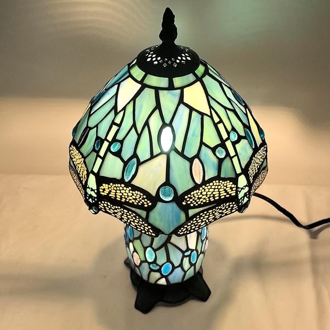 Small Tiffany Lamp Stained Glass Table Lamp Mini Mother Daughter Vase Desk Accent Light for Bedroom Bedside Reading Home Antique Style Decor 8X14 Inches (Sea Blue Dragonfly)
