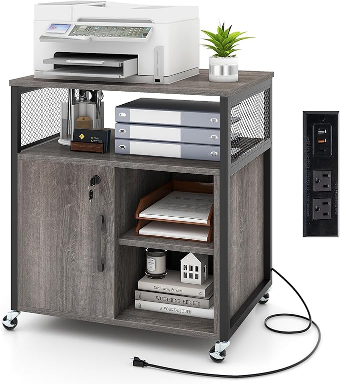 LOKO Rolling File Cabinet with Charging Station, Mobile Lateral Filing Cabinet with Lock, Adjustable Shelf, Metal Frame, Modern Printer Stand on Lockable Wheels for Home Office, Small Space (Grey)