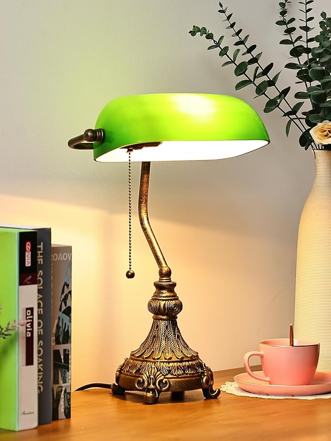 Newrays Vintage Green Glass Bankers Desk Lamp for Home Office,Library with Pull Chain Switch Plug in Fixture, LED Bulb Included