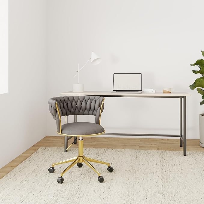 NIOIIKIT Velvet Office Desk Chair with Hand Woven Backrest, 360° Swivel & Height Adjustable Task Chairs, Makeup Chair, Living Room Chairs with Stainless Base and 5 Wheels (Grey)