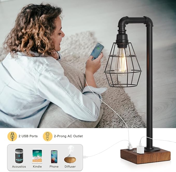 Industrial Touch Control Table Lamp, LED Bulb Included, 3 Way Dimmble Lamp with 2 USB Ports and AC Outlet, Bedside Nightstand Desk Lamps with Metal Cage Shade for Bedroom Living Room Farmhouse