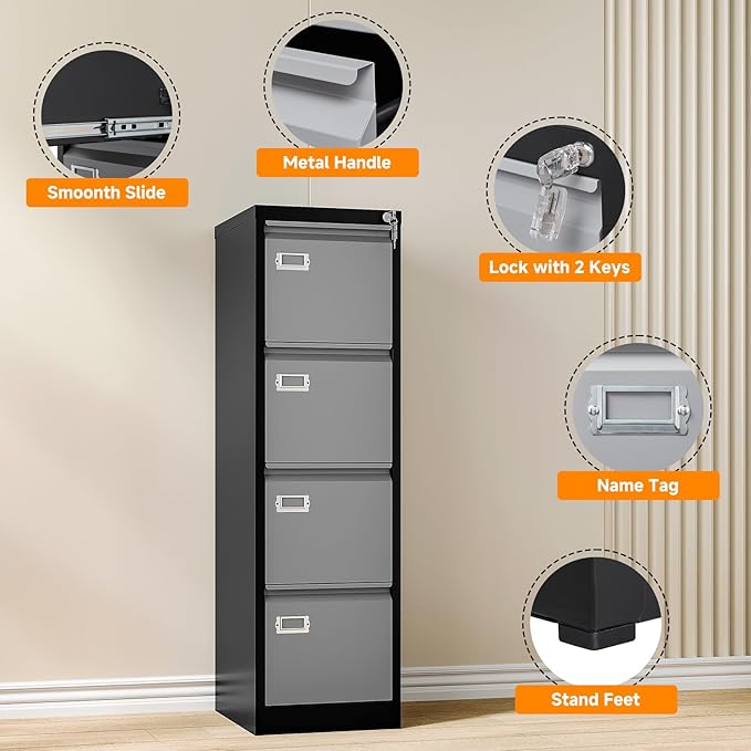 Metal Vertical File Storage Cabinet, 4 Drawer File Cabinet with Lock, 18" Deep Vertical Filing Cabinets for A4 Legal/Letter Size, Assembly Required (4 Drawer - Gray Black)