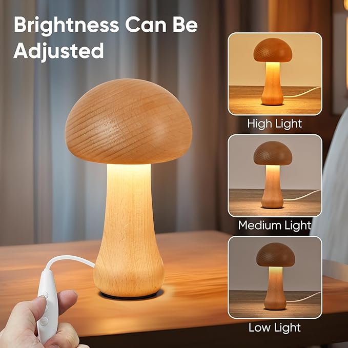 LED Creative Mushroom Table Lamp, Wood Desk Lamp, Bedroom Bedside Night Light, Dimmable Led Lighting, Creative Home Decor Table lamp, Unique House warmging Gift