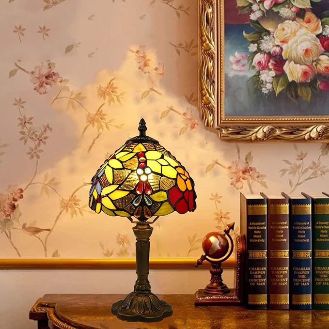 Tiffany Small Table Lamp for Bedroom Set of 2 Bedside Nightstand Lamp Rose Flower Grape Stained Glass Table Lamps for Living Room 3 Light Colors Tempertures Home Office Desk Lamps