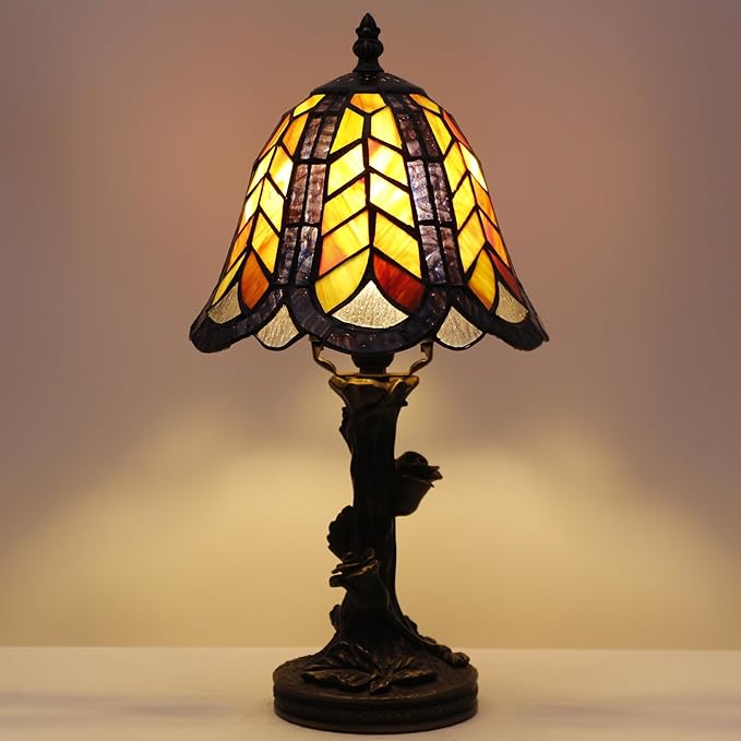 Small Tiffany Lamp Mini Purple Maple Leaf Stained Glass Table Lamp Desk Light 8X8X15.5 Inches with Resin Flower Bas