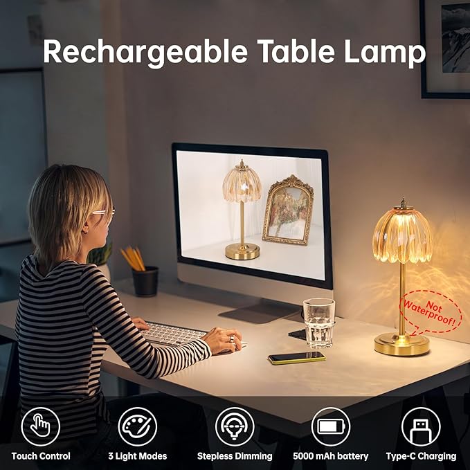 Set of 2 Cordless Table Lamp with 5000mAh Battery & Touch Control - 3 Adjustable Color Temperatures, Dimmable RechargeableTable Lamps for Bedroom, Office Desk, Nightstand (Amber Tulip)