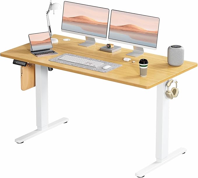 Electric Standing Desk, Adjustable Height Stand up Desk, 55x24 Inches Sit Stand Home Office Desk with Splice Board,Bamboo