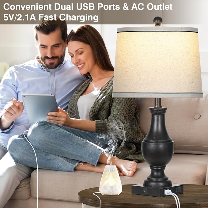 Vintage Farmhouse Lamps Set of 2, 25" Rustic Retro Table lamps with USB A+C Charging Ports & AC Outlet, Antique Resin Traditional Bedside Lamp with Linen Fabric Lampshade for Living Room Bedroom Black
