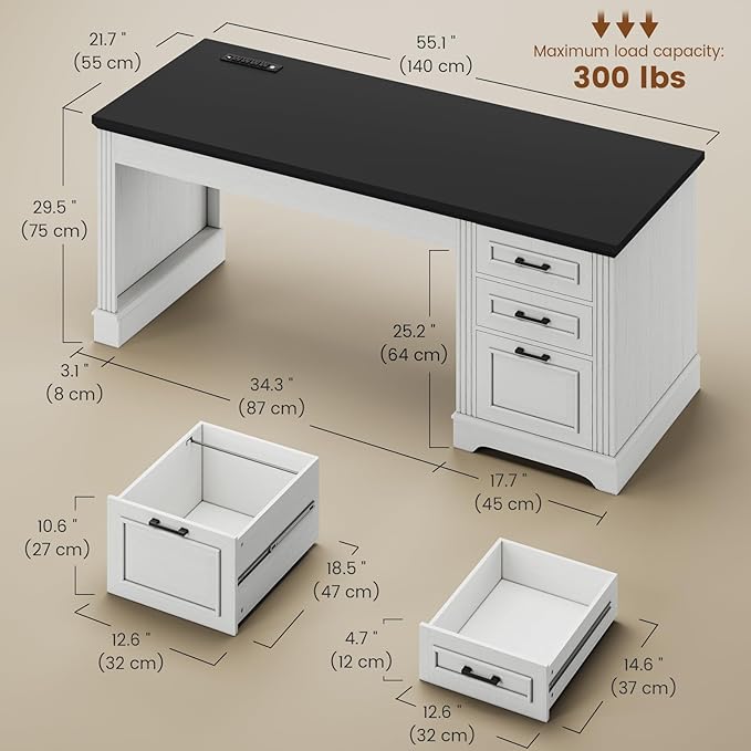 Itaar Farmhouse 55" Executive Desk, Computer Desk with Storage Drawers and Power Outlet, Home Office Desk, Workstation for Office Home, White