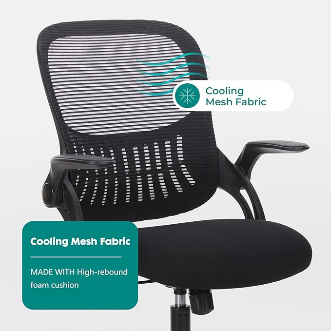 SMUG Office Computer Desk Chair, Ergonomic Mid-Back Mesh Rolling Work Swivel Task Chairs with Wheels, Comfortable Lumbar Support, Comfy Flip-up Arms for Home, Bedroom, Gaming, Study, Student