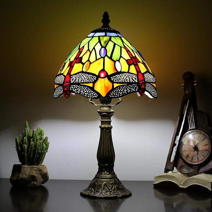 Tiffany Table lamp 8-inch Small Stained Glass lamp in a Vintage Dragonfly Pattern Style can be Used as a Decoration for The Living Room Bedside in The Bedroom or Desk