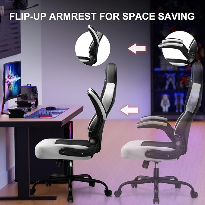 GTPLAYER Video Gaming Chair,Ergonomic Gaming Chair with Flip-Up Armrests,Comfortable Desk Chair with Adjustable Height,Computer Chair with Built-in Lumbar Support, Recliner with 360° Swivel (White)