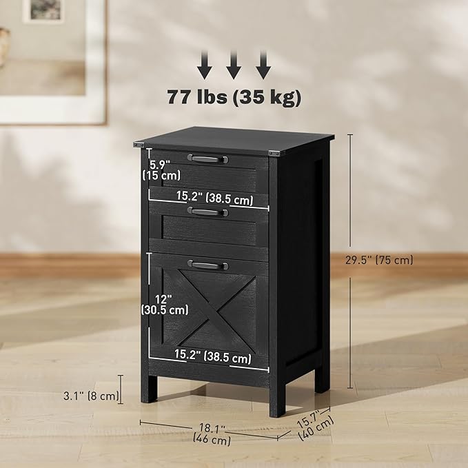 HOMCOM 3 Drawer File Cabinet with Silent Slides, Vertical Filing Cabinet for Hanging A4/Letter Size, Rustic Farmhouse Printer Stand with Storage for Home Office, Distressed Black