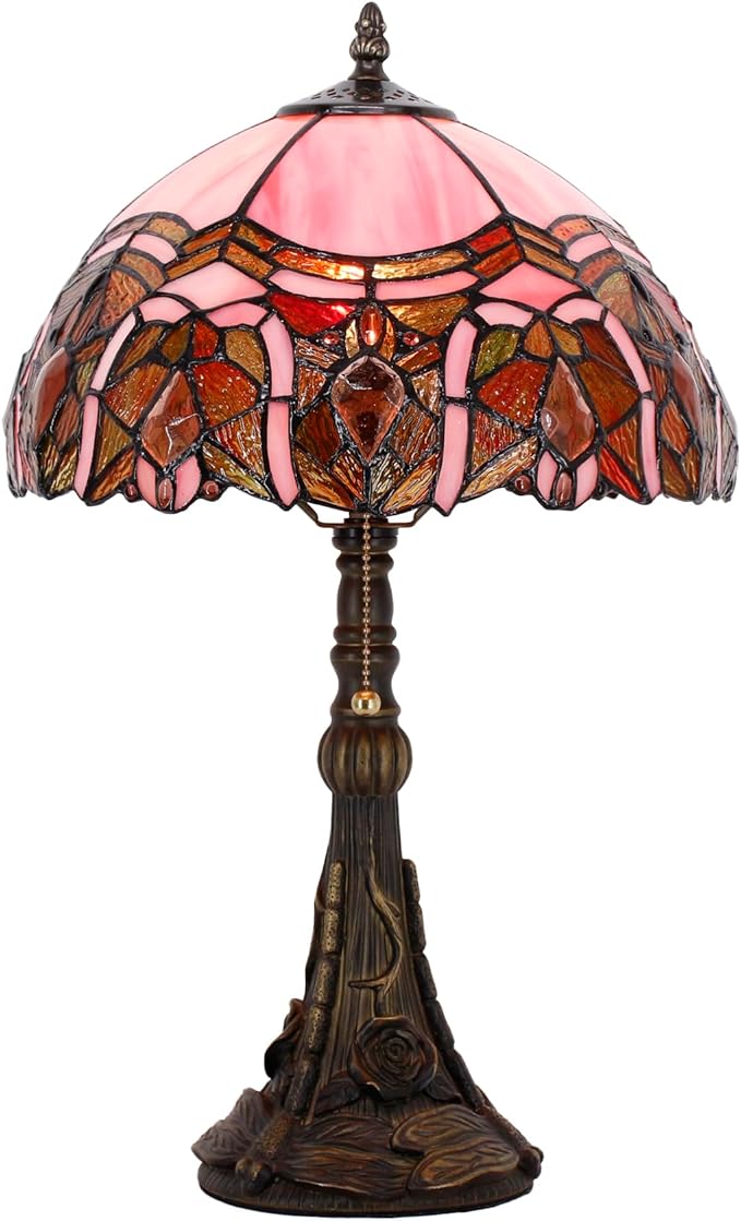 Tiffany Stained Glass Table Lamp 12X12X19 Inch Pink Jewelry Style Desk Bedroom Living Room Reading Light (Pink Bent)