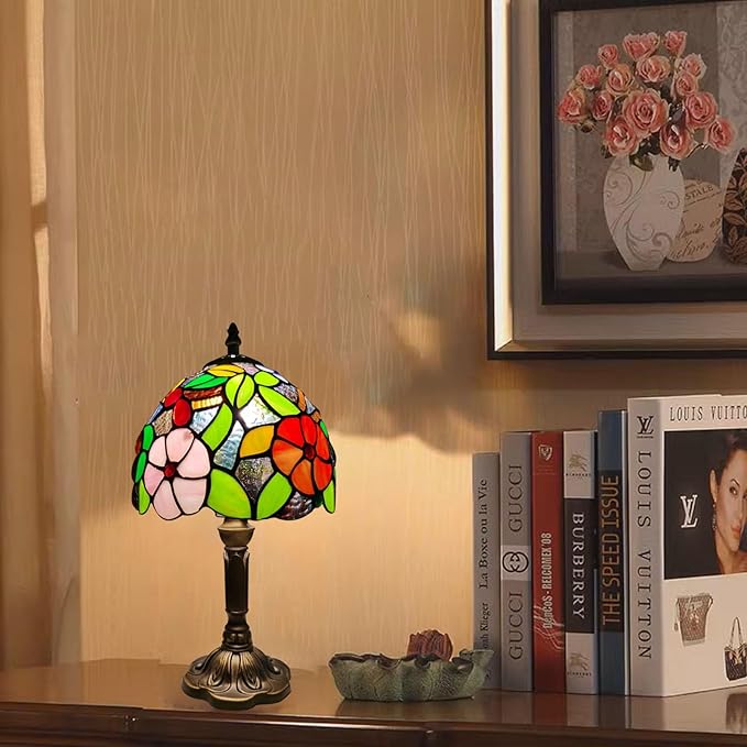 Tiffany Small Table Lamp 3-Way Color Temperatures Grape Rose Flower Stained Glass Lamps for Living Room Bedroom Bedside Nightstand Home Office Desk Night Light+LED Bulb 8X8X15Inch
