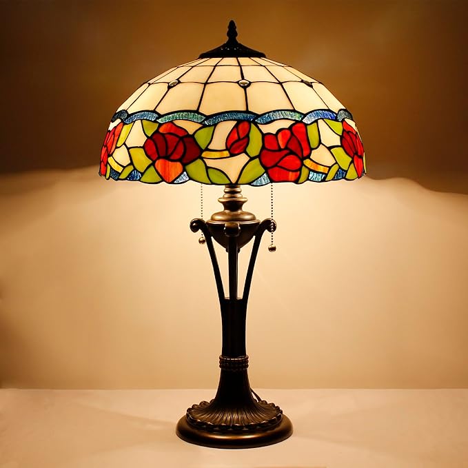 Tiffany Table Lamp Red Rose Flower Style Stained Glass Desk Lamp 16X16X24 Inches Reading Light