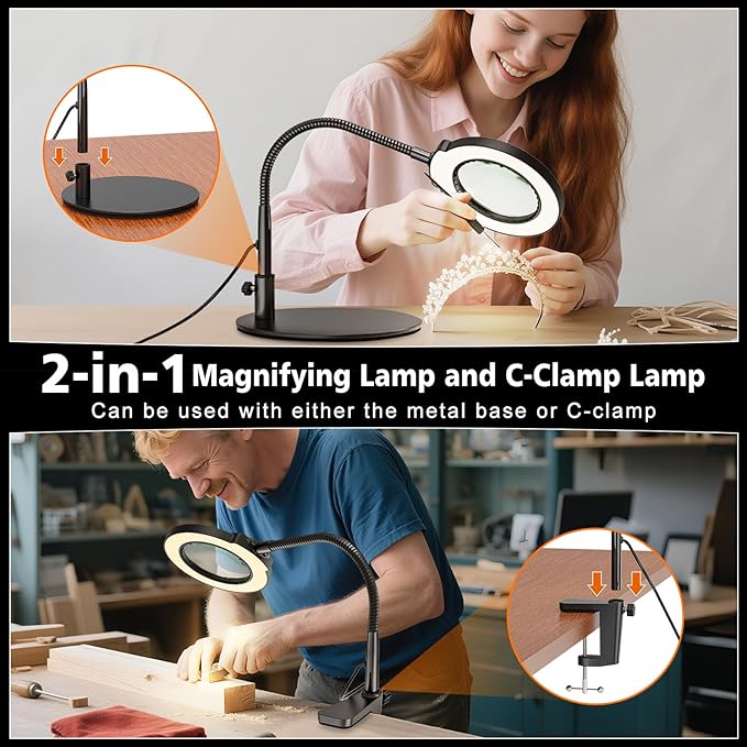 10X 15X Magnifying Glass with Light and Stand, 5 LED Color Modes Stepless Dimmable, Flexible Gooseneck Lighted Magnifying Glass with C-Clamp and Mental Base for Craft Close Work Sewing Reading