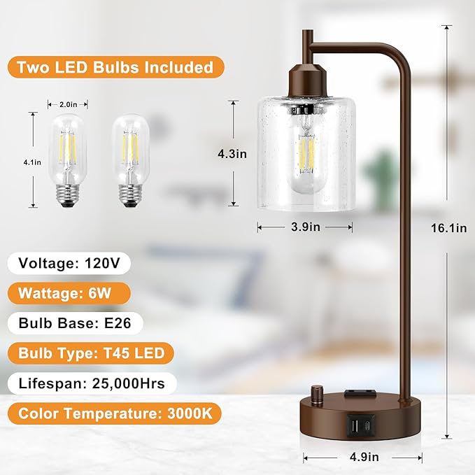 Innqoo Industrial Table Lamps for Bedrooms Set of 2 - Fully Dimmable Bedside Lamps with USB Ports and Outlet, Brown Nightstand Lamps with Glass Shade for Living Room, Desk Lamps for Office Reading