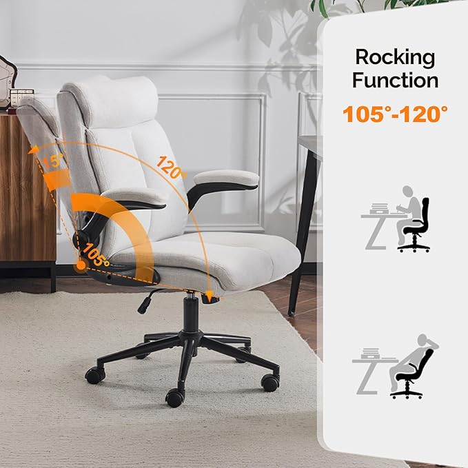 VINGLI Rolling Ergonomic Office Desk Chair with Padded Flip-up Arms, 360° Swivel High Back Executive Computer Chair with Wheels for Game,Home Small Space, Study Room, Reading Room, Linen Light Grey