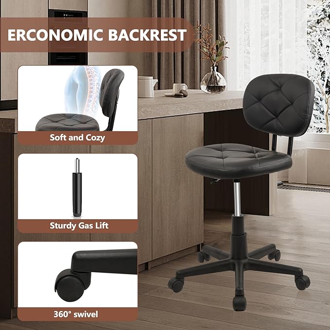Rolling Stool Chair with PU Leather Backrest and Adjustable Height for Computer Home Standing Desk 2 Pack