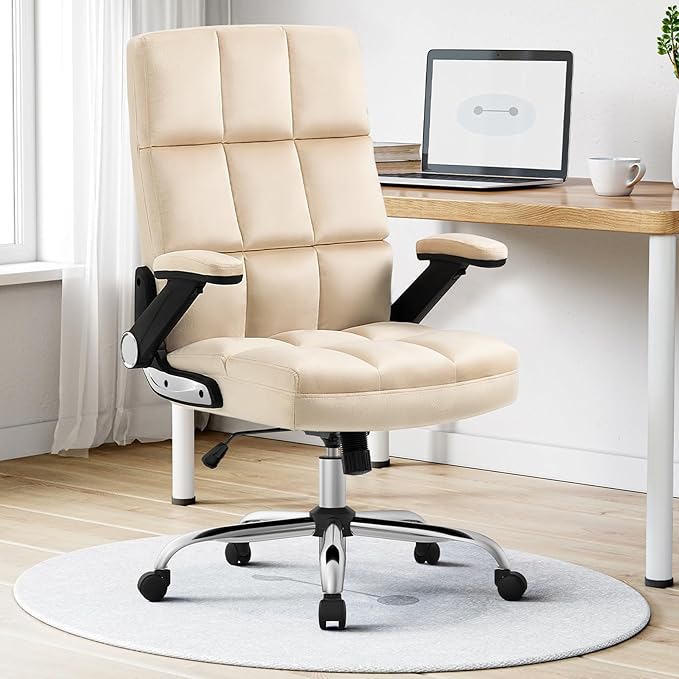 SEATZONE Executive Office Chair,Comfortable Soft Velvet High Back Computer Chair,Swivel Work Chair with Flip-up Armrests Adjustable,Beige