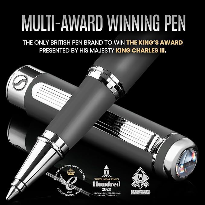 Scriveiner Dark Grey Rollerball Pen - Stunning Luxury Pen With Chrome Finish, Schmidt Ink Refill, Best Roller Ball Gift Set for Men & Women, Professional, Executive Office, Nice Pens