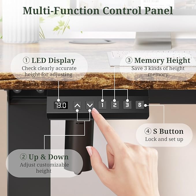 48 x 24 in Electric Standing Desk - Memory Height Adjustable Ergonomic Sit-to-Stand Rising Computer Table Gaming Workstations with 2 Hooks and Wire Hole for Home Office, Brown