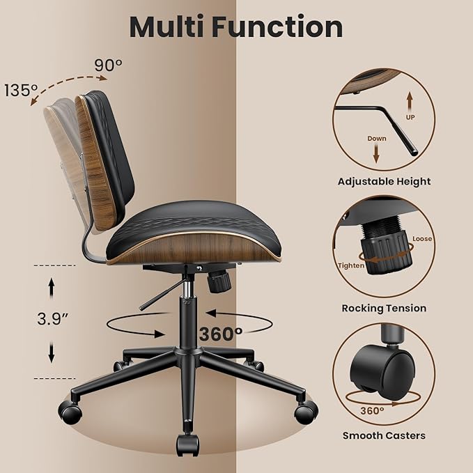 Home Office Chair with Wheels, Armless Desk Chair Adjustable Height with Lumbar Support, Swivel Rolling, Modern Walnut Backrest for Office, Small Space, Black, Lozenge Pattern