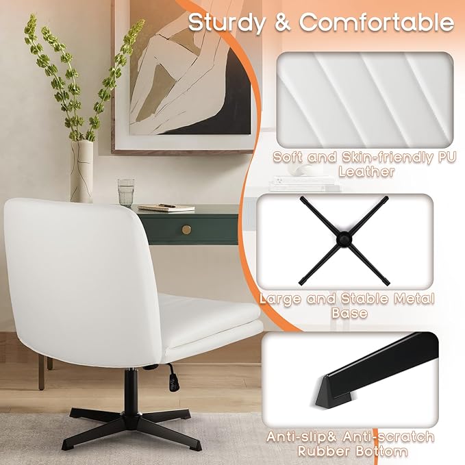 PUKAMI Criss Cross Legged Office Desk Chair No Wheels,PU Leather Modern Swivel Height Adjustable Wide Seat Mid Back Computer Task Vanity Chair for Home Office