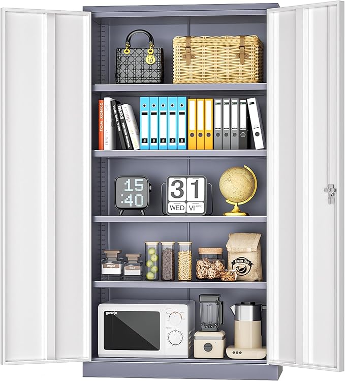 INTERGREAT Metal Storage Cabinet for Garage,72" Lockable Storage Cabinets with Doors and Adjustable Shelves,Steel Locking Cabinet for Garage,Office,Home,Gym,School (White Grey)