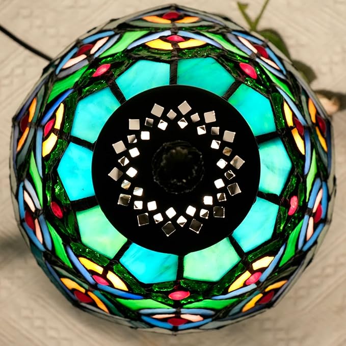 Green Peacock Decor Small Tiffany Style Table Lamp Antique Stained Glass Lamps Vintage Bedroom Bedside Reading Light Living Room Hotel Bar Kitchen Home Red Glass Bead Cute Accent Night Light 8 Inch