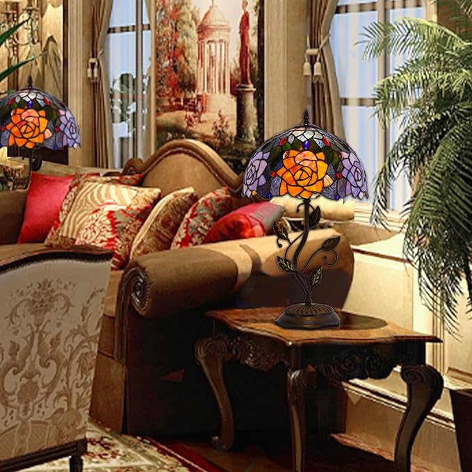 Tiffany Lamp Orange Red Rose Flower Stained Glass Table Lamp Desk Bedside Reading Light 12X12X19 Inches with Metal Leaf Base Decor Bedroom Living Room