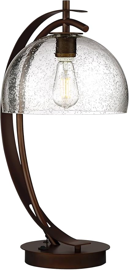 Possini Euro Design Calvin 22.5" High Modern Vintage Accent Table Lamp with USB Ports A+C Charging Filament LED Bronze Metal Glass Dome Shade - Living Room Desk Bedroom House Bedside Nightstand Home