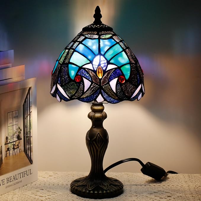 Small Tiffany Lamp Stained Glass Table Lamp Mini Desk Accent Light for Bedroom Bedside Reading Home Antique Style Decor 8X15 Inches (Green)