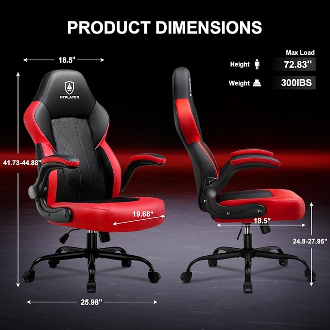 GTPLAYER Video Gaming Chair, Ergonomic Computer Gaming Chair with Flip-Up Armrests and Adjustable Height, Comfortable Desk Chairs with Built-in Lumbar Support, Recliner with 360°Swivel (Oil Red)
