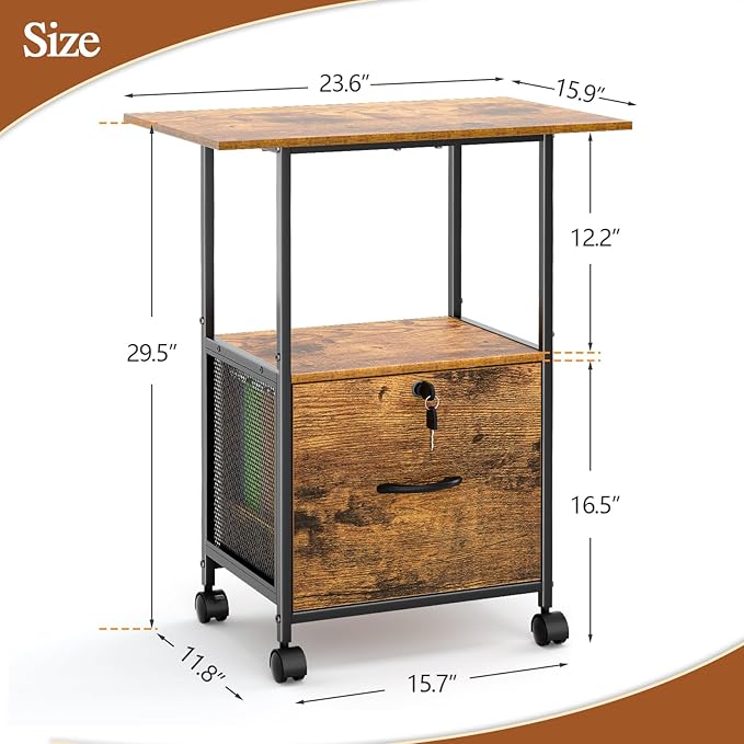 Small Filing Cabinet with Lock, Printer Stand with File Storage, Rolling Locking File Cabinet with Drawer Vertical File Cart with Wheels, Lockable Filing Cabinet for Home Office