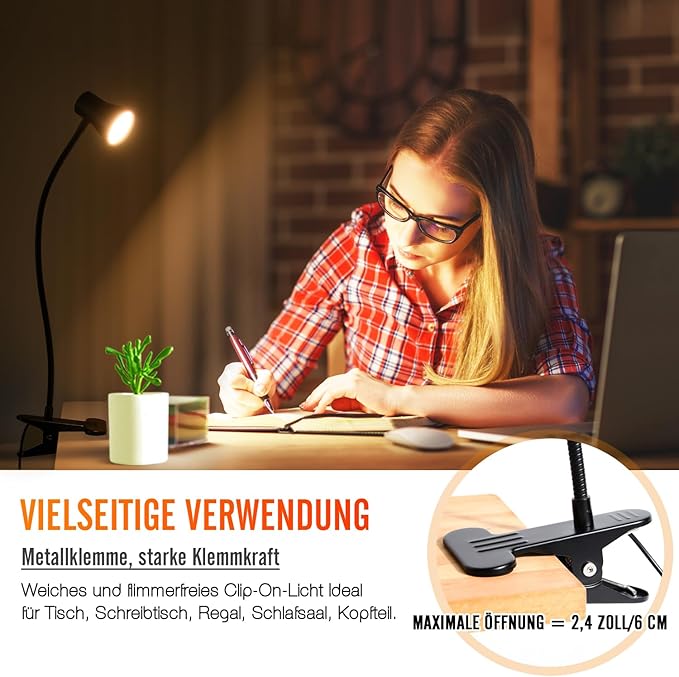 Clip Desk Lamp, USB Reading Light, Flexible Neck Led Clamp Light with 3 Color Temperature Options, 10 Dimmable Brightness Levels for Working, Studying (8W)
