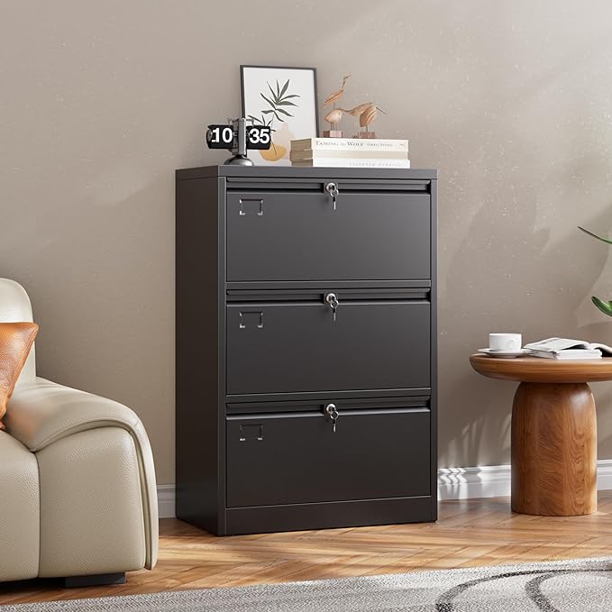 METAN Upgrade Metal 3 Drawer Lateral Files Cabinet for Home Office, Lockable Steel Wide File Storage Cabinet for Hanging Legal/Letter A4 Size, Assembly Required, Black