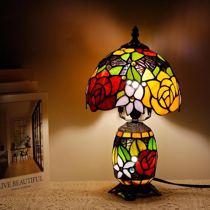 Small Tiffany Lamp Stained Glass Table Lamp Mini Mother Daughter Vase Desk Accent Night Light for Bedroom Bedside Reading Home Antique Style 8X14 Inches (Red Yellow)