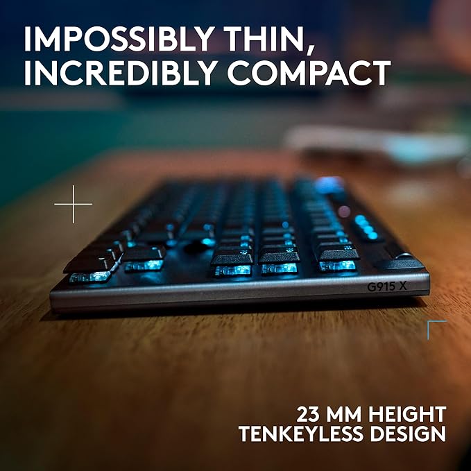 Logitech G915 X Lightspeed TKL Wireless Mechanical Gaming Keyboard, Double-Shot PBT Keycaps, Fully Programmable Keys, RGB Backlit Mac/PC Gaming Keyboards, Aluminum Finish, GL Clicky Switches, Black