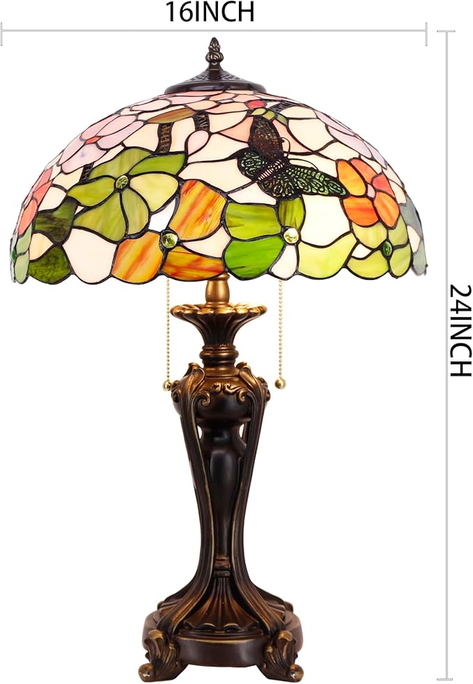 Tiffany Stained Glass Table Lamp 16X16X24 Inch Butterfly Flowers Style Desk Bedroom Living Room Antique Reading Light (Butterfly Flowers)