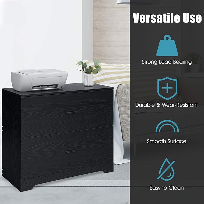 Giantex Office File Cabinet 2 Drawer - Lateral Filing Cabinet w/Anti-Toppling Device, Hanging Bars, Home Office Furniture for Hanging File Folders A4/Letter/Legal Size, File Storage Cabinet (Black)