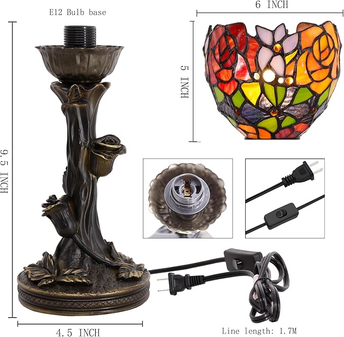 Small Tiffany Lamp Mini Stained Glass Table Lamp Red Rose Accent Desk Uplight W6H 13.5 Inch Bronze Resin Base