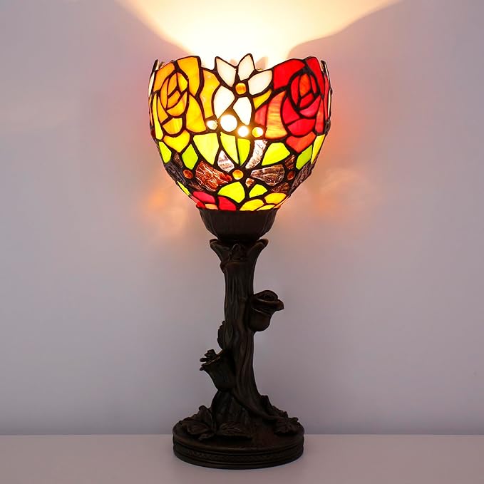 Small Tiffany Lamp Mini Stained Glass Table Lamp Red Rose Accent Desk Uplight W6H 13.5 Inch Bronze Resin Base